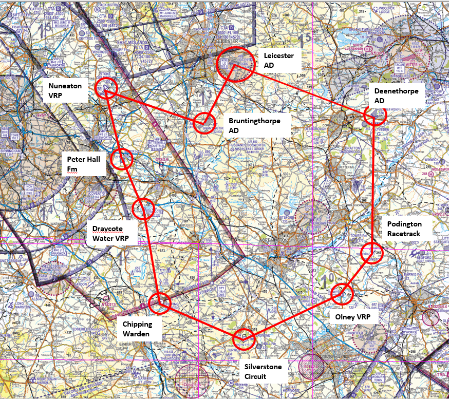The planned route shown on 1:250:000 VFR chart