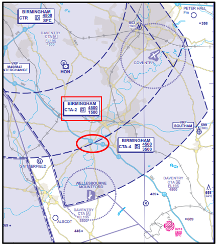 Map showing where the aircraft entered the Class D CTA-2 near Warwick at 2,000 feet.