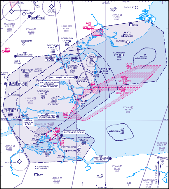 The Southend Controlled Airspace complex marked on a chart