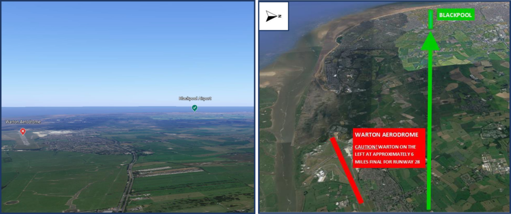 Figures 3 & 4 – Google images looking WEST – depicting Warton on the left when on the Runway 28 Approach