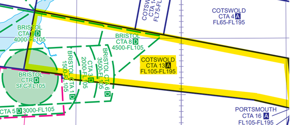 Extract from UK AIP ENR 6-7 (Chart of UK ATS Airspace Classifications ) showing Cotswold CTA 13