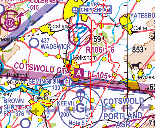FExtract of NATS CAA 1:500,000 Sheet 2171CD Southern England and Wales Edition 49 (2023) including the GPX trace from the pilot’s VFR Moving Map device.