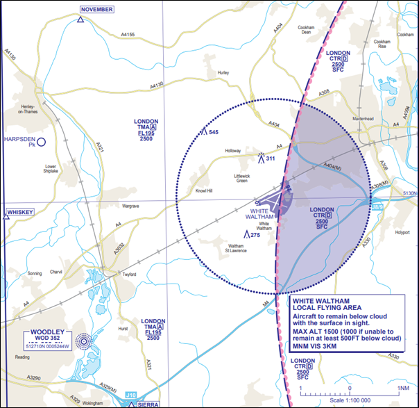 Figure 2: The aircraft left the White Waltham ATZ when still inside the Class D London CTR, indicating 900 feet, tracking southbound. Subsequently, the aircraft turned right and tracked south southwest and left the CTR.