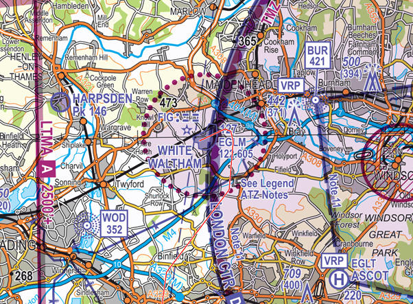 Figure 3: Approximate track of the aircraft after departure from White Waltham represented on the CAA-NATS 1:250,000 Southern England chart (Edition 28).