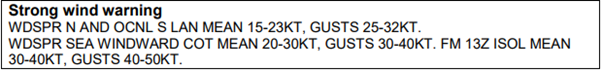 Figure 4: GAMET South East Region Strong wind warning.